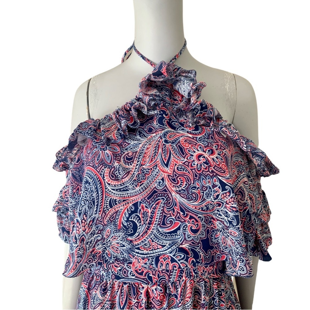 PARKER 100% Silk Lorenzo Paisley Cold Shoulder Halter Dress Size 0 - Picture 7 of 15